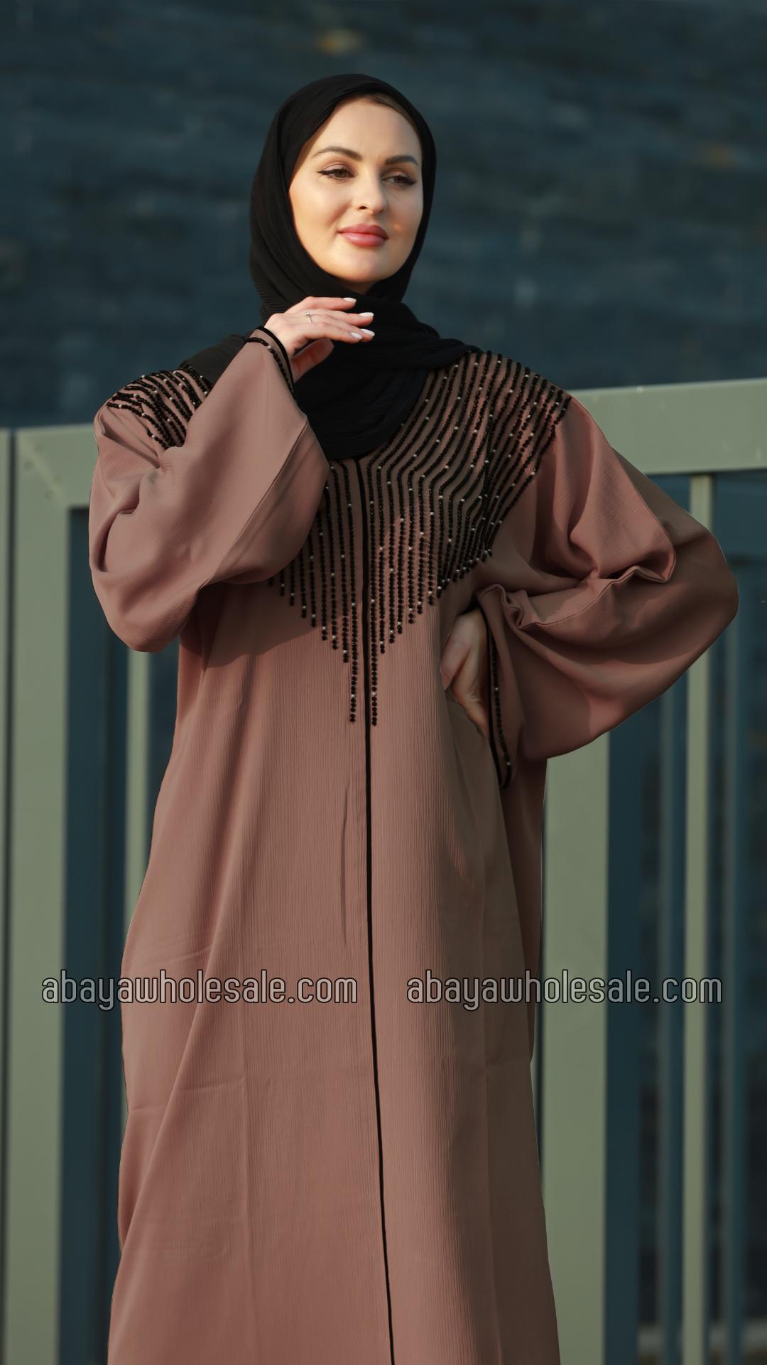 Wholesale Soft Brown Gulf Zoom Abaya with Crystal Handwork and Piping on the Front and Sleeves