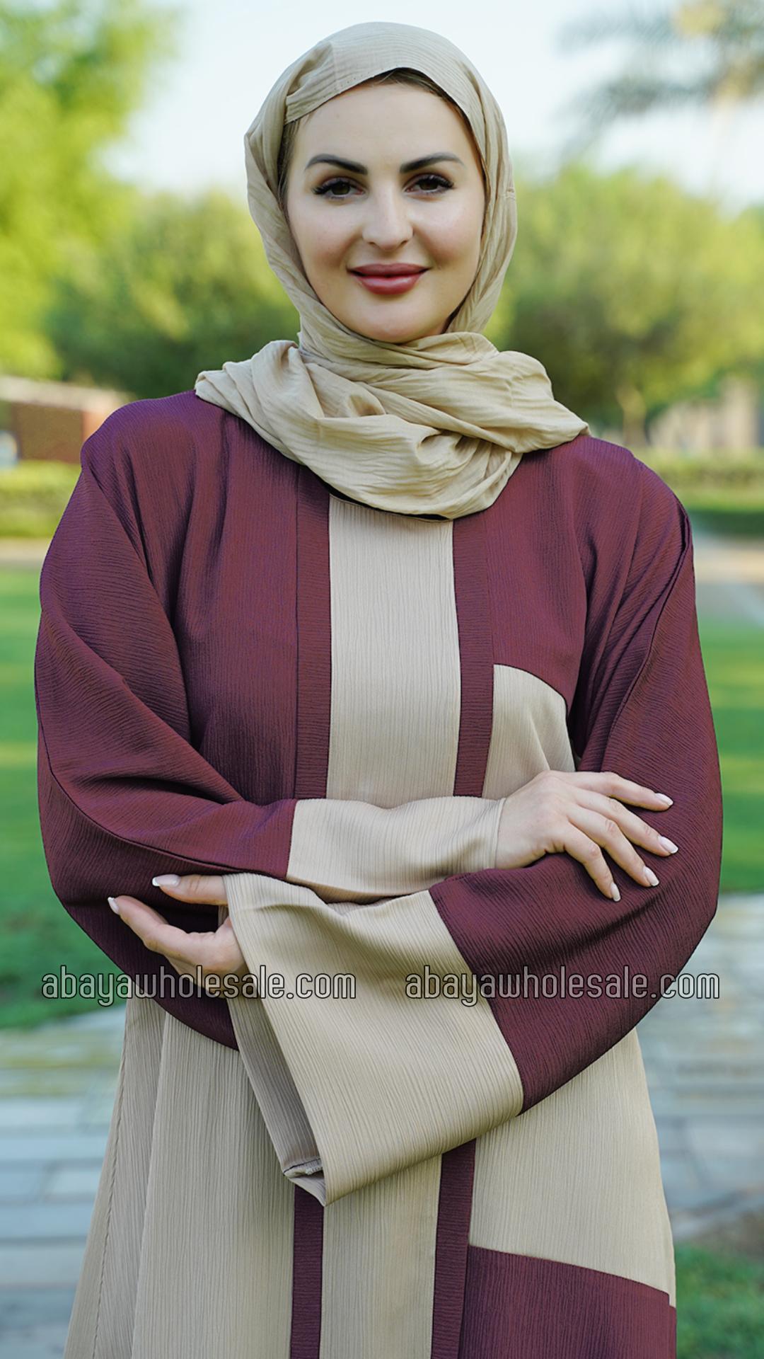 Wholesale Simple Zoom Abaya In Dark Maroon And Beige
