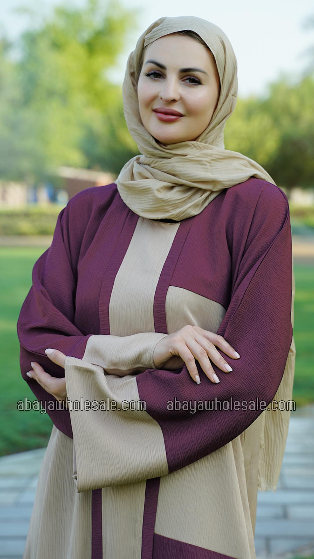 Wholesale Simple Zoom Abaya In Dark Maroon And Beige
