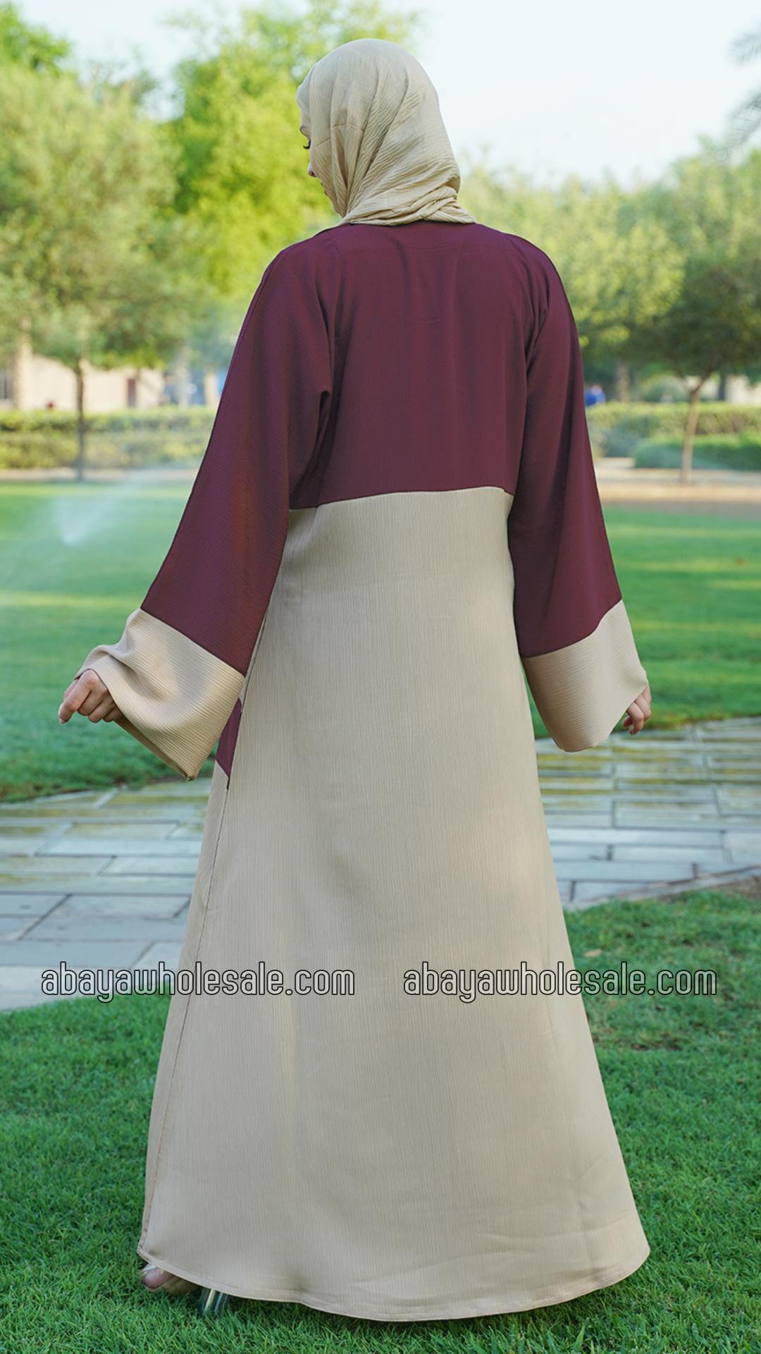 Wholesale Simple Zoom Abaya In Dark Maroon And Beige