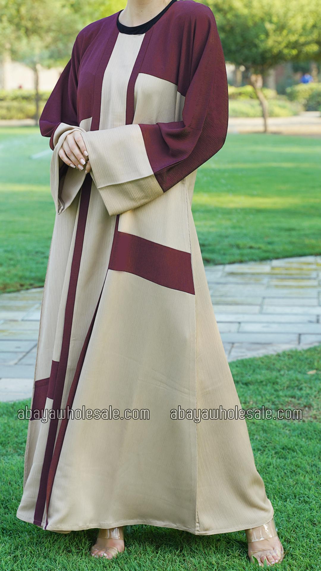 Wholesale Simple Zoom Abaya In Dark Maroon And Beige