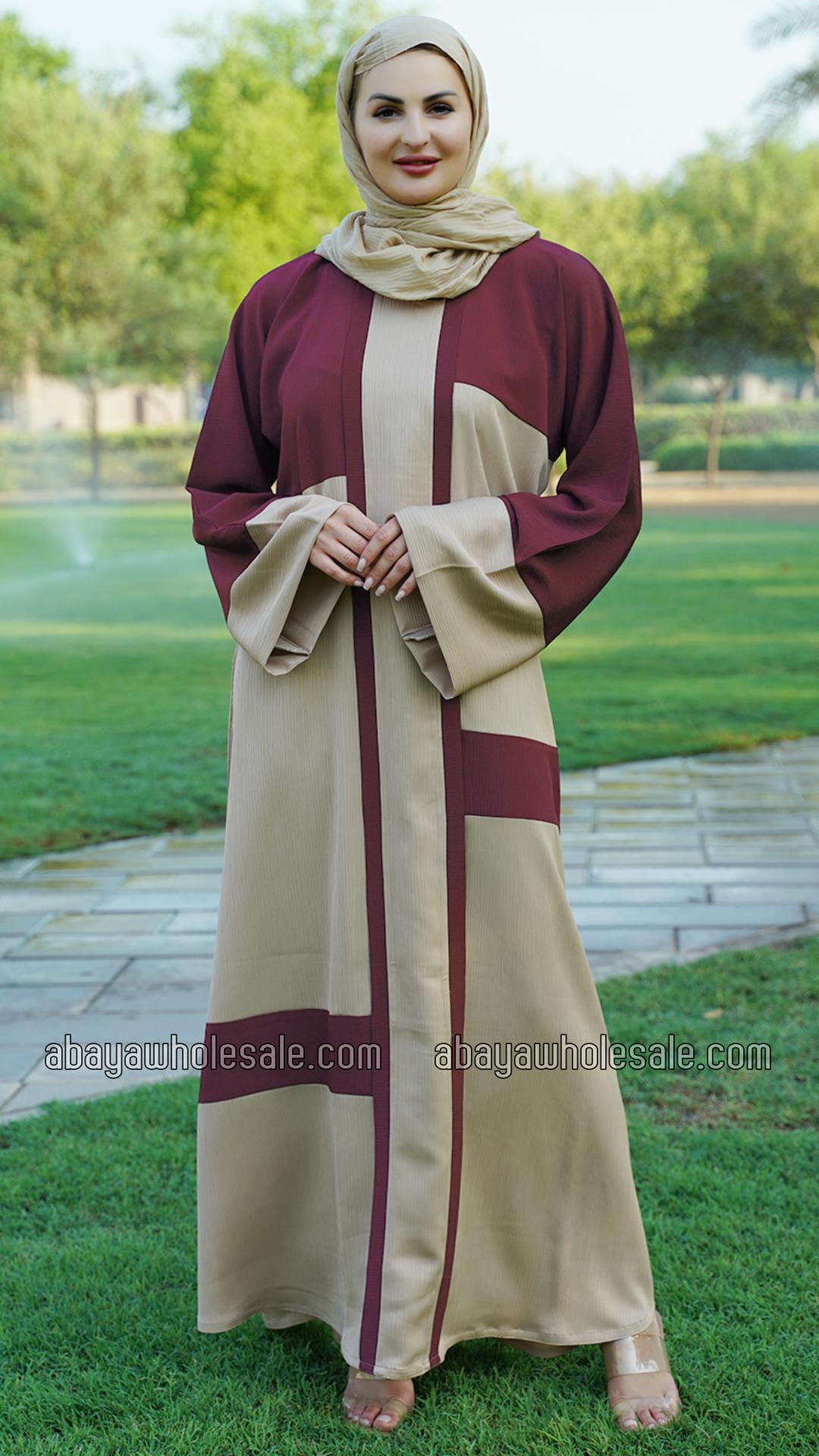 Wholesale Simple Zoom Abaya In Dark Maroon And Beige