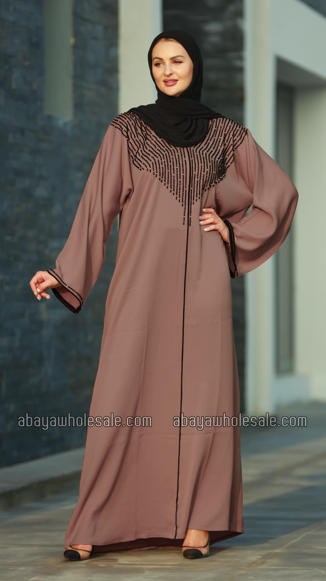 Wholesale Soft Brown Gulf Zoom Abaya with Crystal Handwork and Piping on the Front and Sleeves