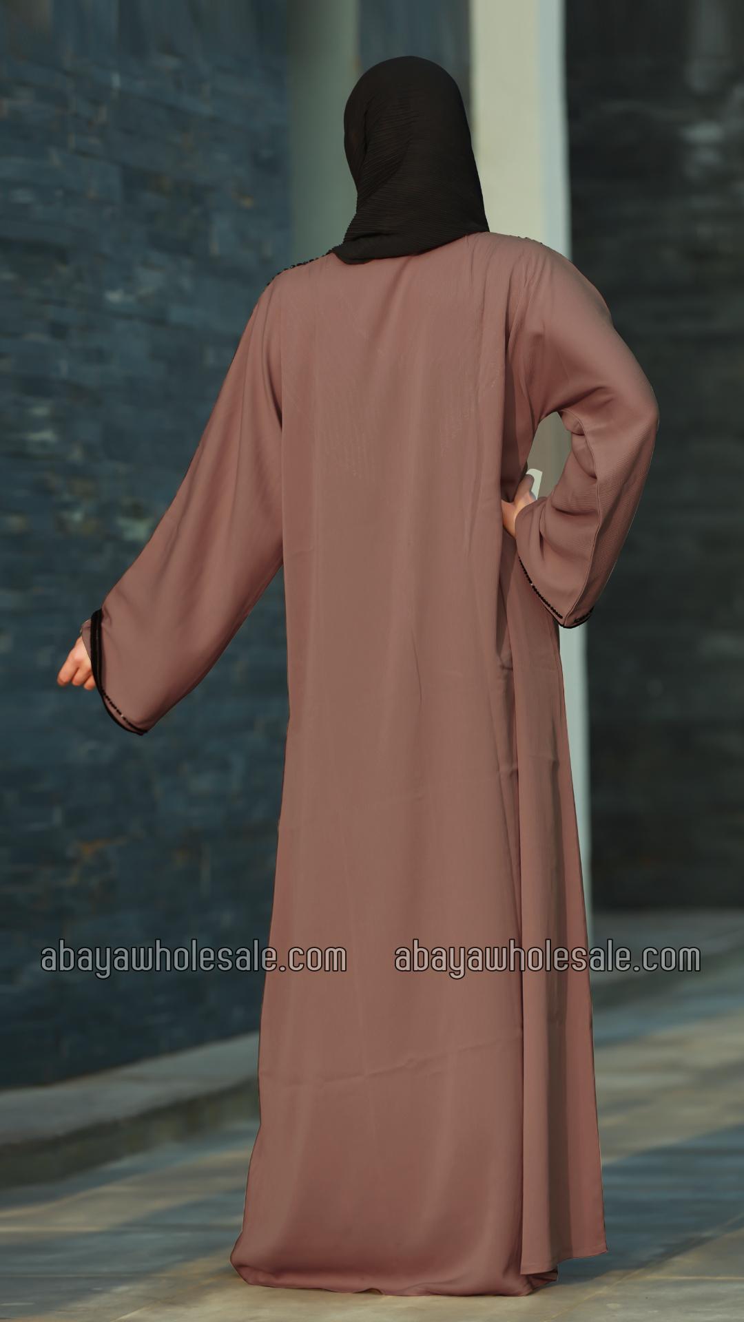 Wholesale Soft Brown Gulf Zoom Abaya with Crystal Handwork and Piping on the Front and Sleeves