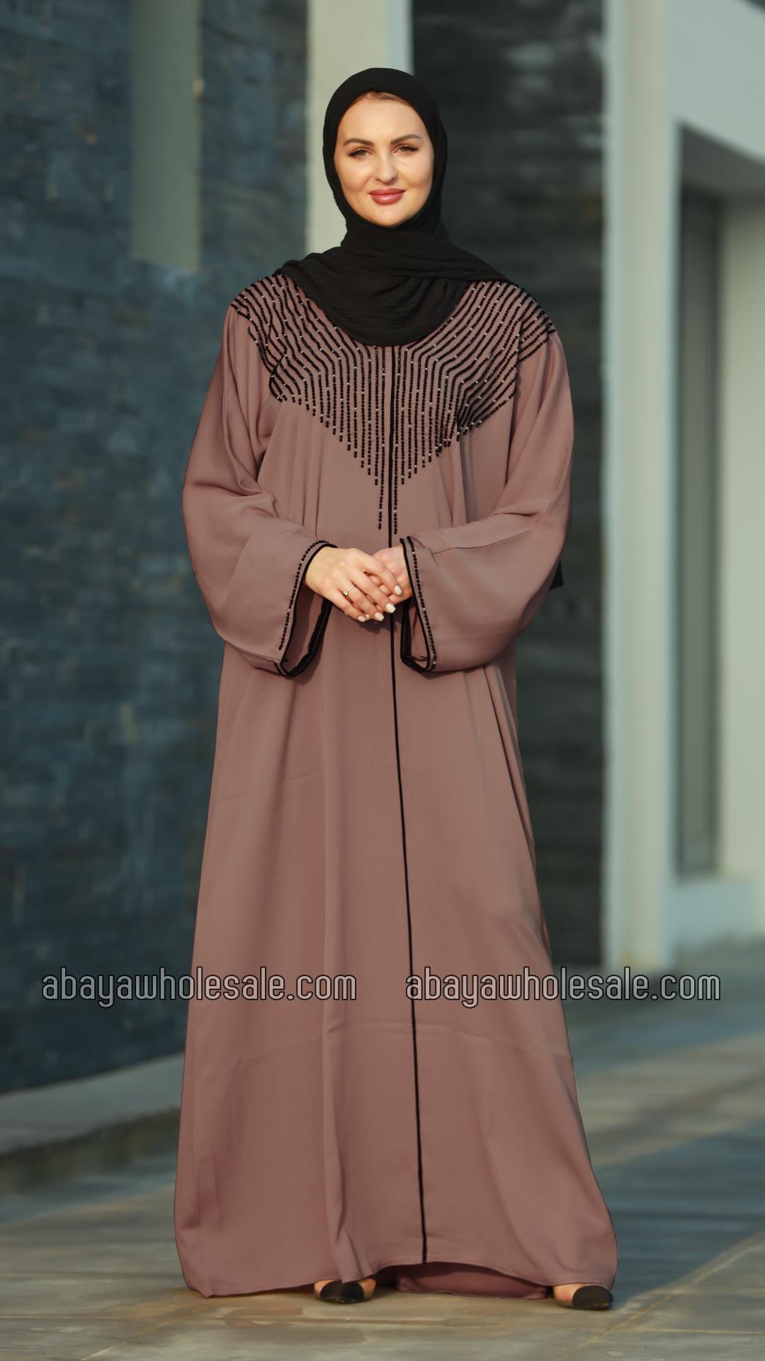 Wholesale Soft Brown Gulf Zoom Abaya with Crystal Handwork and Piping on the Front and Sleeves