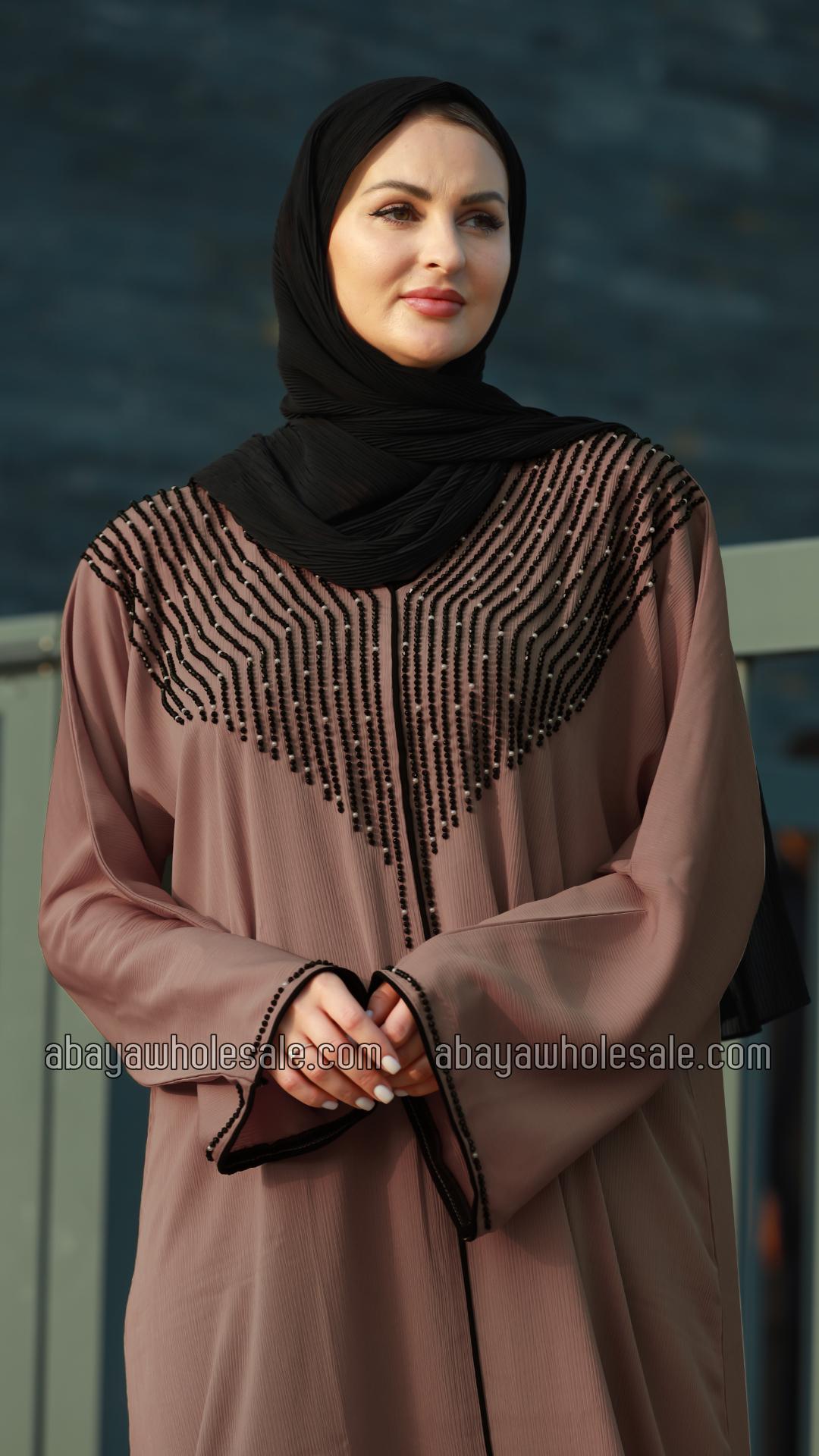 Wholesale Soft Brown Gulf Zoom Abaya with Crystal Handwork and Piping on the Front and Sleeves