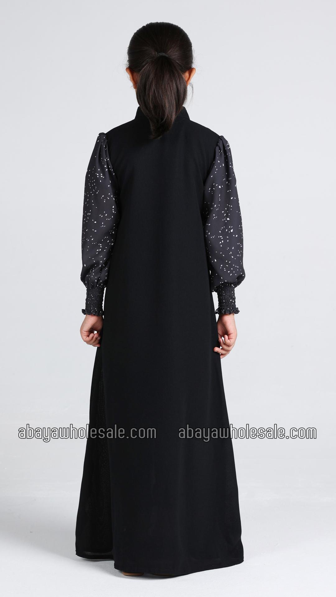 Wholesale Kids Front Open Modest Dress with Show Buttons and Printed Design on the Sleeves