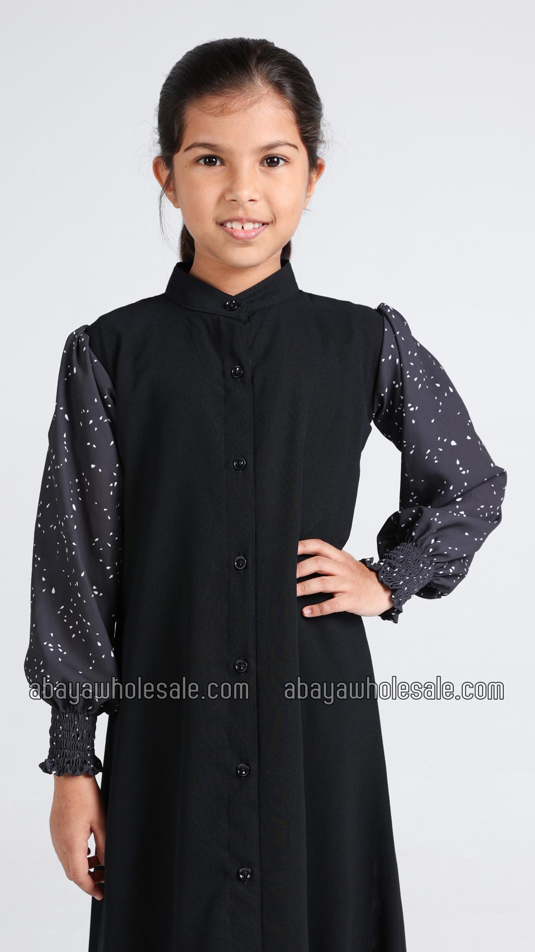 Wholesale Kids Front Open Modest Dress with Show Buttons and Printed Design on the Sleeves