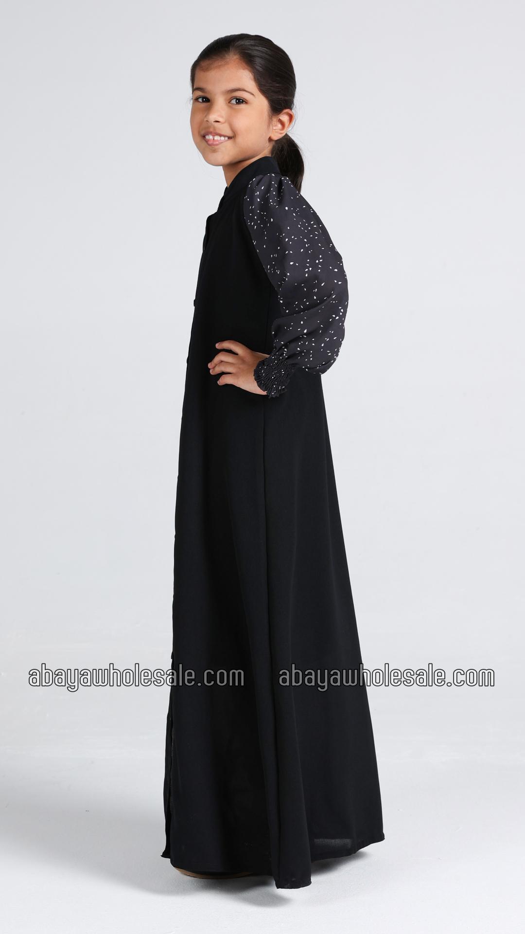 Wholesale Kids Front Open Modest Dress with Show Buttons and Printed Design on the Sleeves