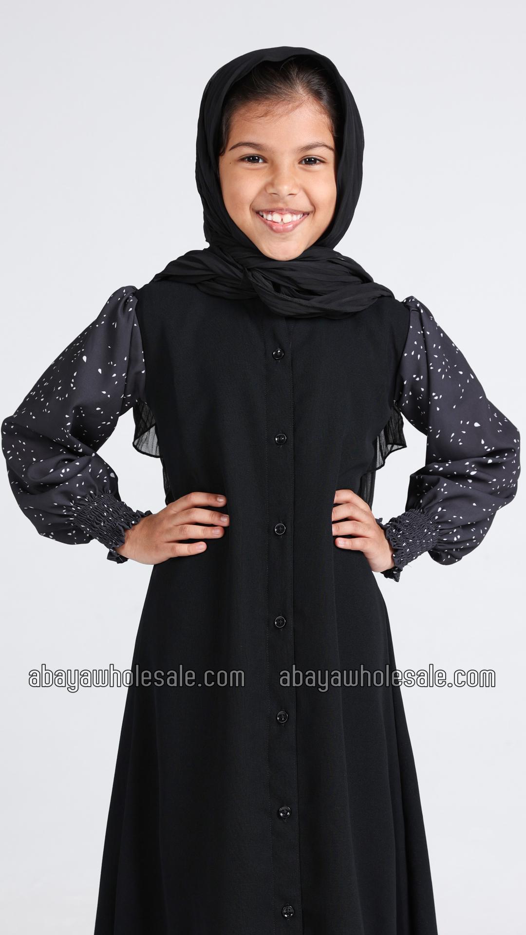 Wholesale Kids Front Open Modest Dress with Show Buttons and Printed Design on the Sleeves
