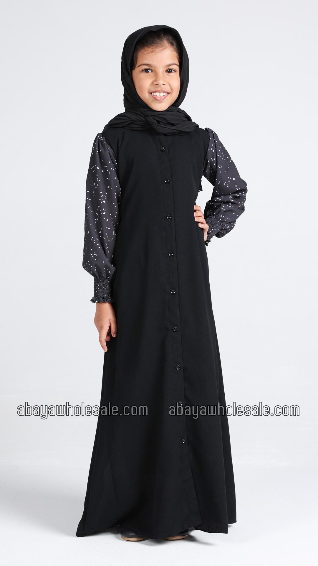 Wholesale Kids Front Open Modest Dress with Show Buttons and Printed Design on the Sleeves