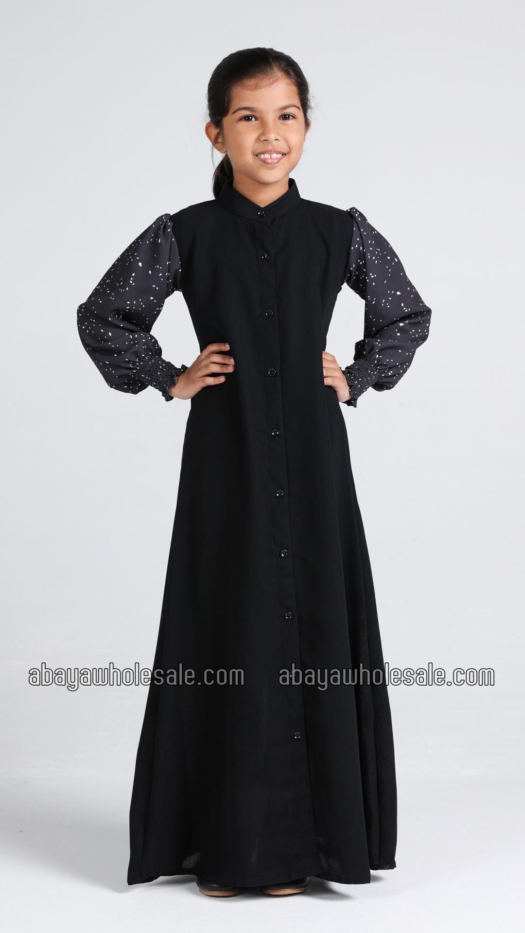 Wholesale Kids Front Open Modest Dress with Show Buttons and Printed Design on the Sleeves