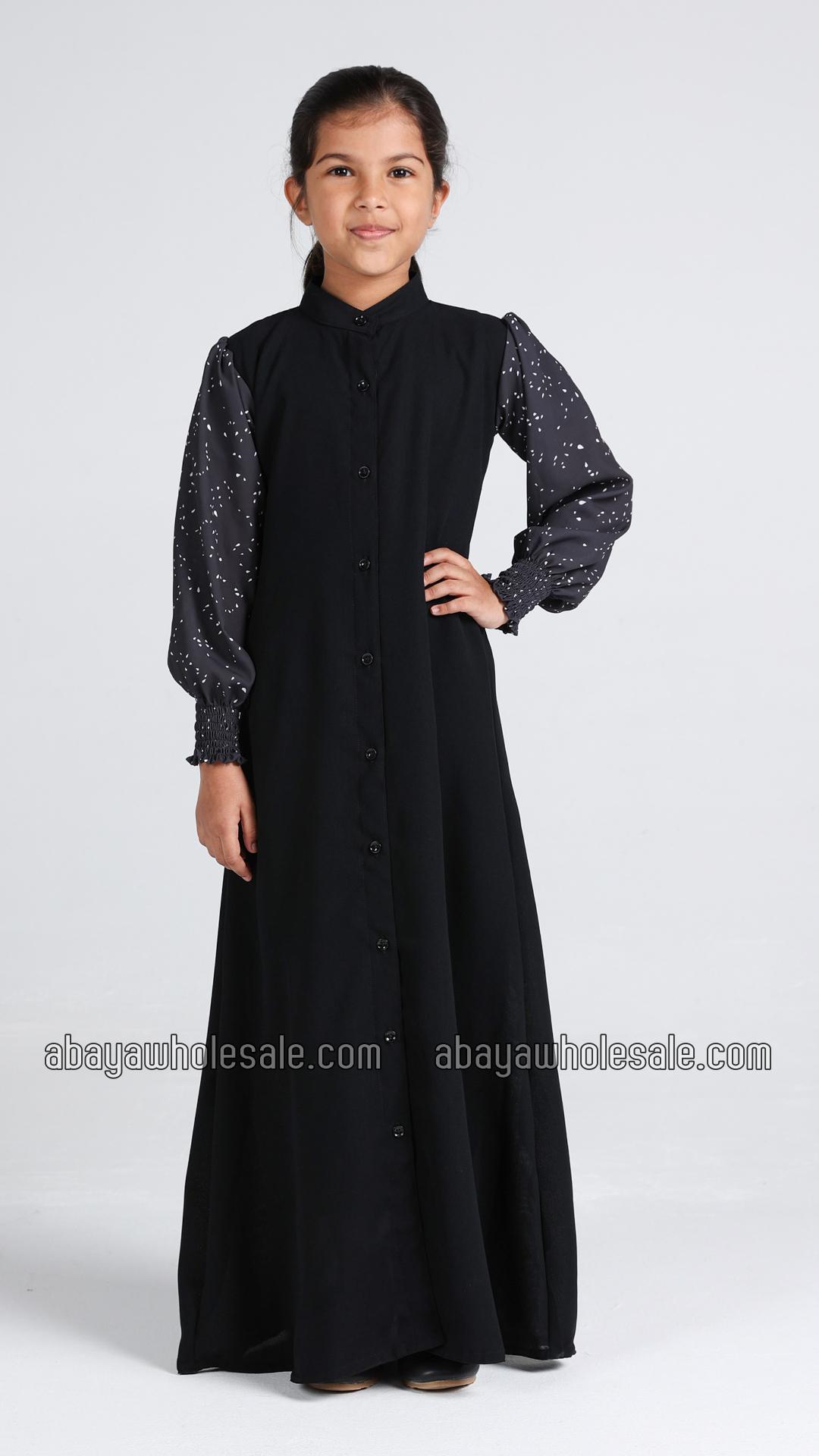 Wholesale Kids Front Open Modest Dress with Show Buttons and Printed Design on the Sleeves