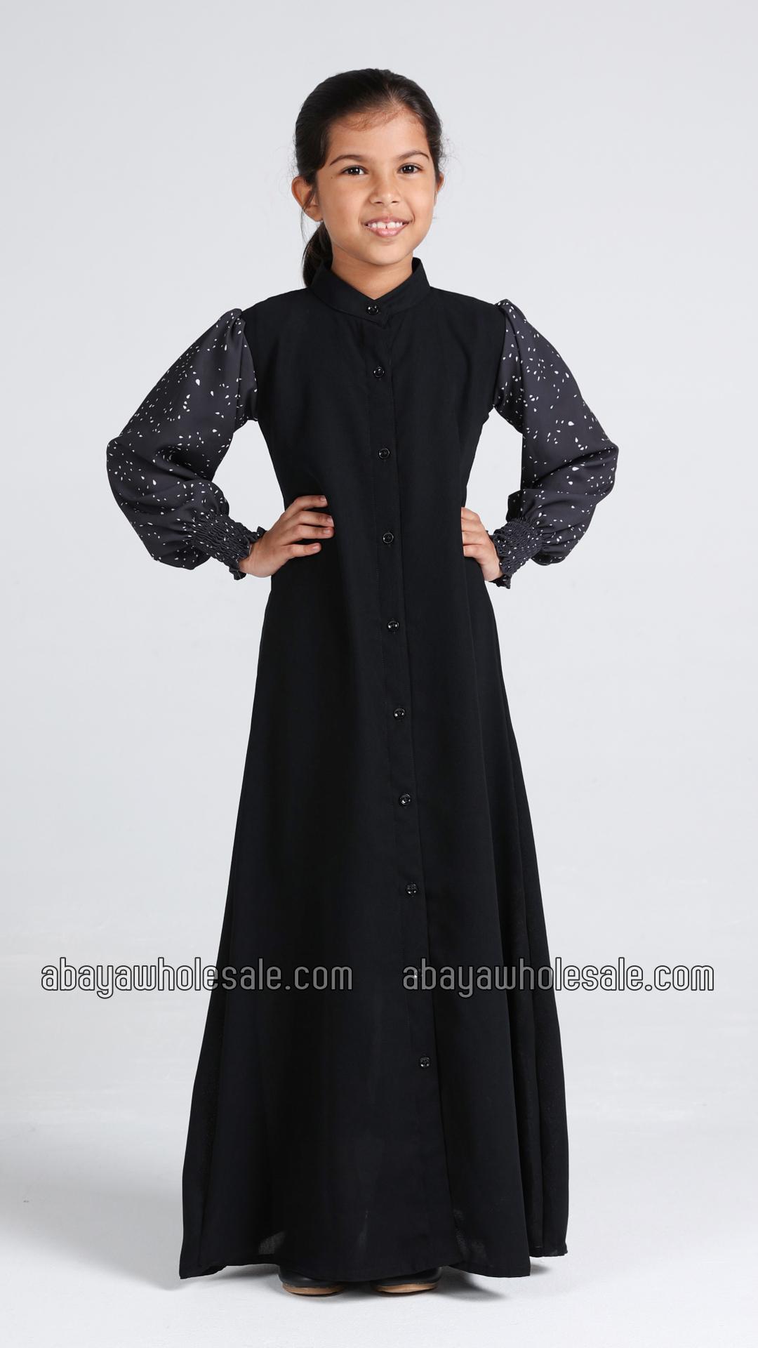 Wholesale Kids Front Open Modest Dress with Show Buttons and Printed Design on the Sleeves
