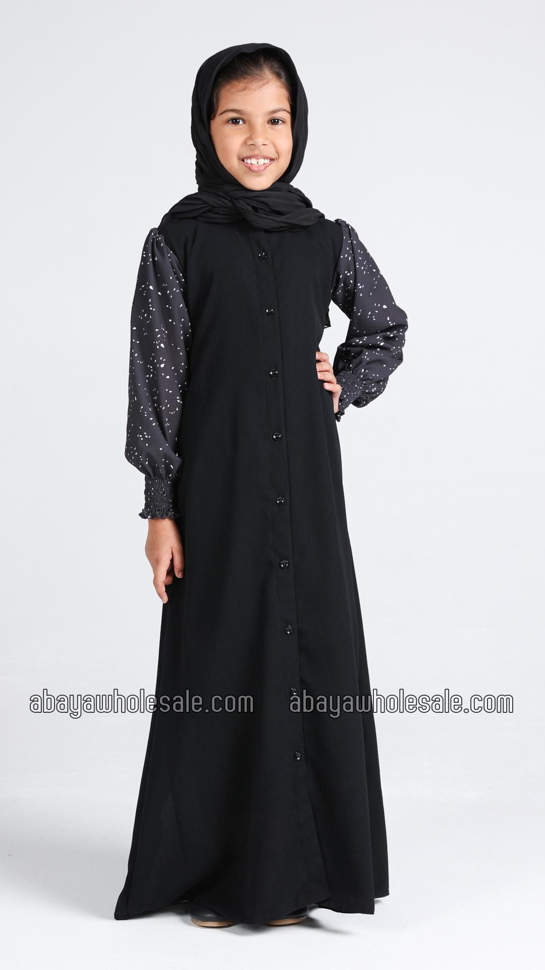 Wholesale Kids Front Open Modest Dress with Show Buttons and Printed Design on the Sleeves