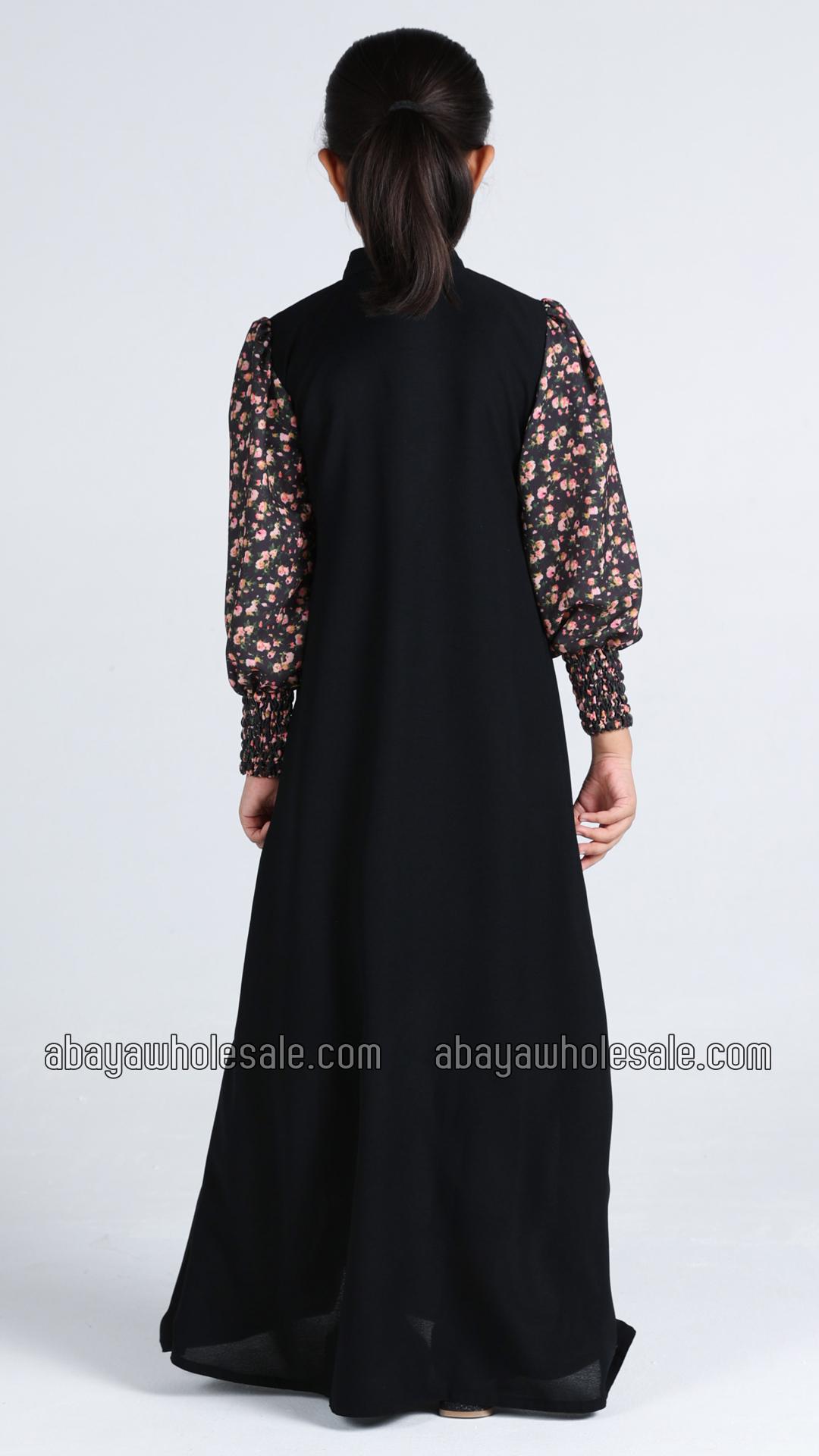 Wholesale Kids Front Open Modest Dress with Show Buttons and Printed Design on the Sleeves