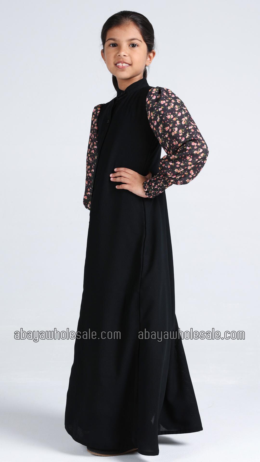 Wholesale Kids Front Open Modest Dress with Show Buttons and Printed Design on the Sleeves