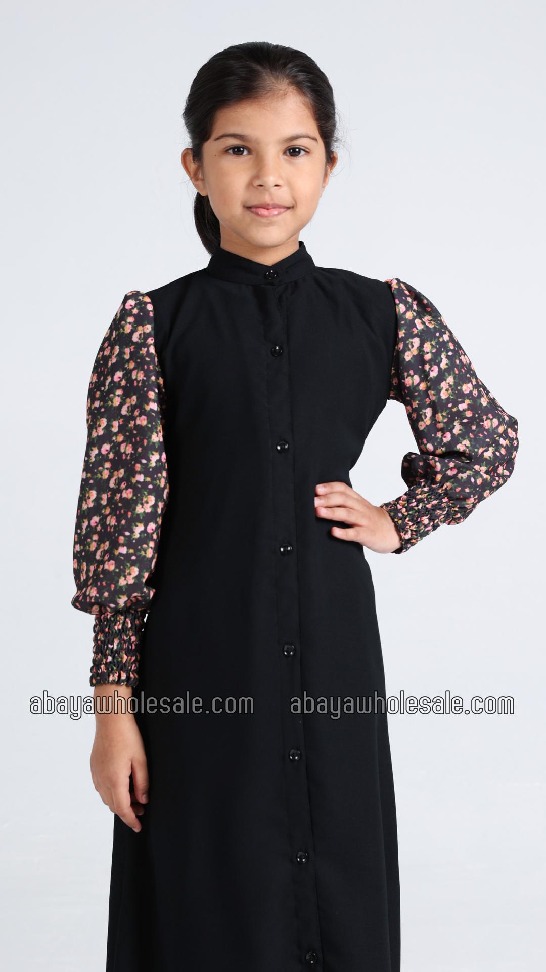 Wholesale Kids Front Open Modest Dress with Show Buttons and Printed Design on the Sleeves