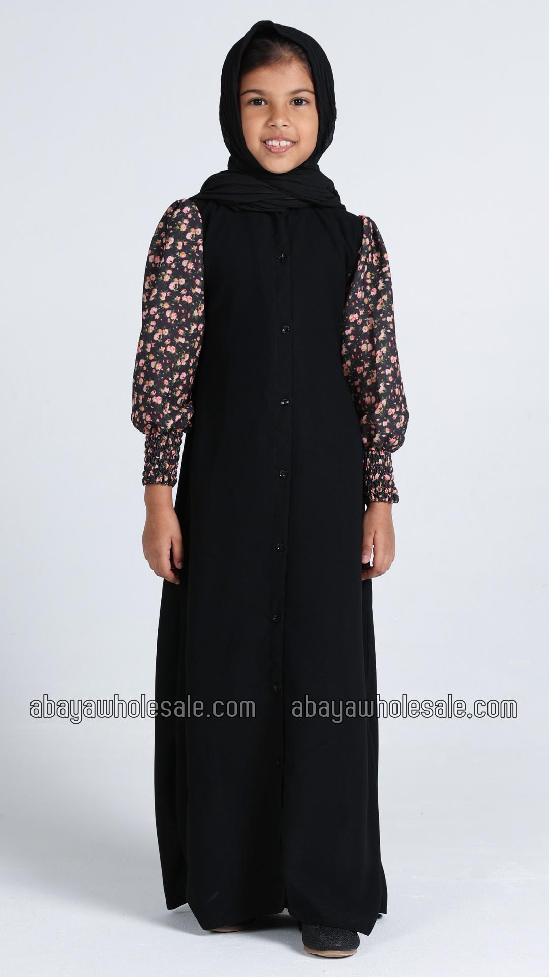 Wholesale Kids Front Open Modest Dress with Show Buttons and Printed Design on the Sleeves