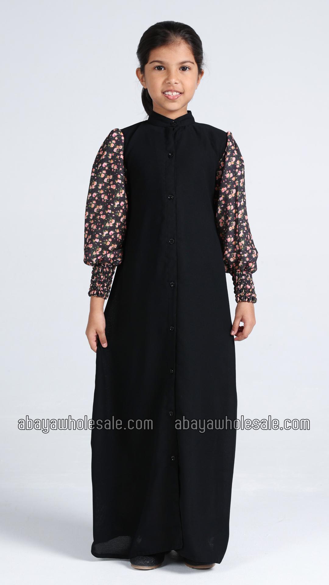 Wholesale Kids Front Open Modest Dress with Show Buttons and Printed Design on the Sleeves