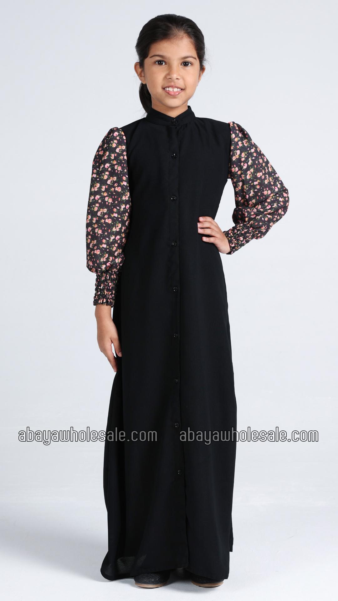Wholesale Kids Front Open Modest Dress with Show Buttons and Printed Design on the Sleeves