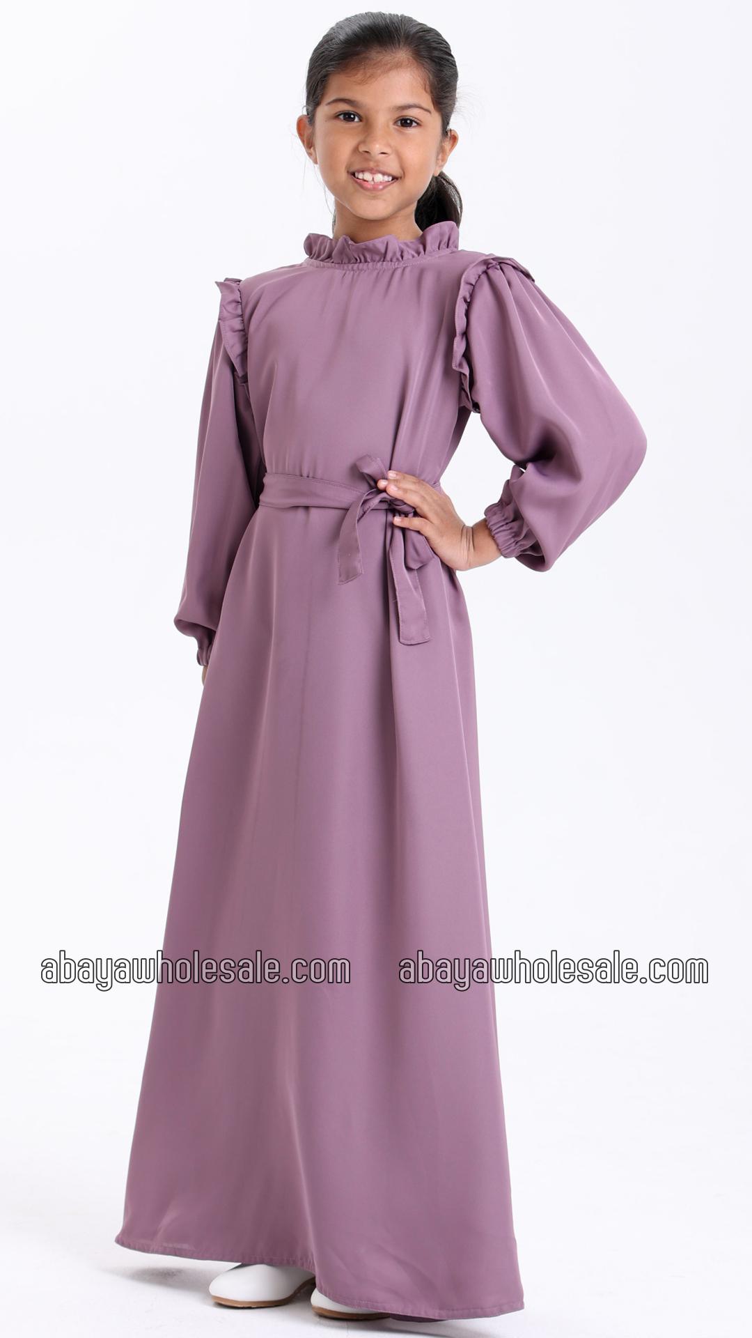 Wholesale High Neck Puff Sleeves Ruffled Kids Modest Dress In Purple