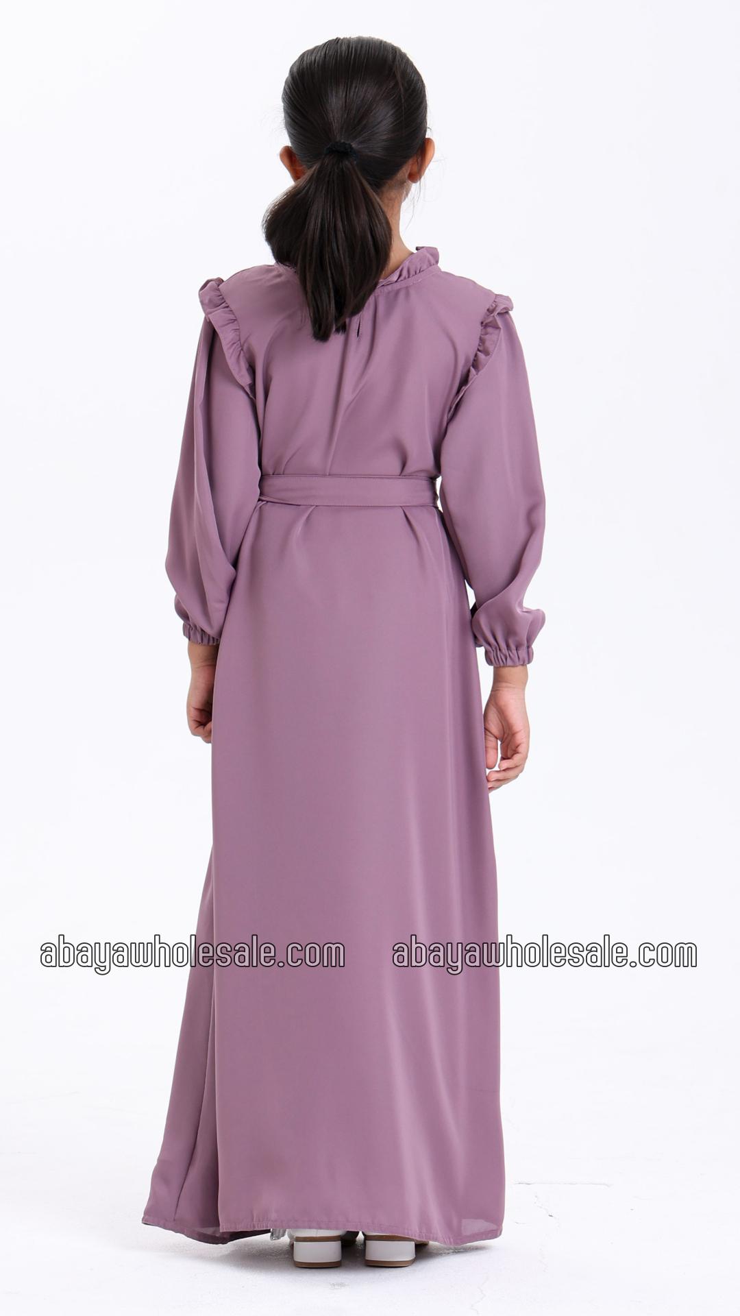 Wholesale High Neck Puff Sleeves Ruffled Kids Modest Dress In Purple