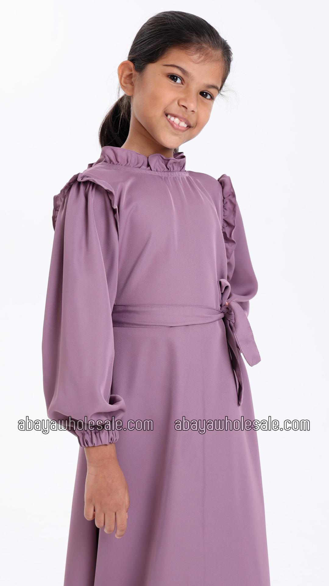 Wholesale High Neck Puff Sleeves Ruffled Kids Modest Dress In Purple