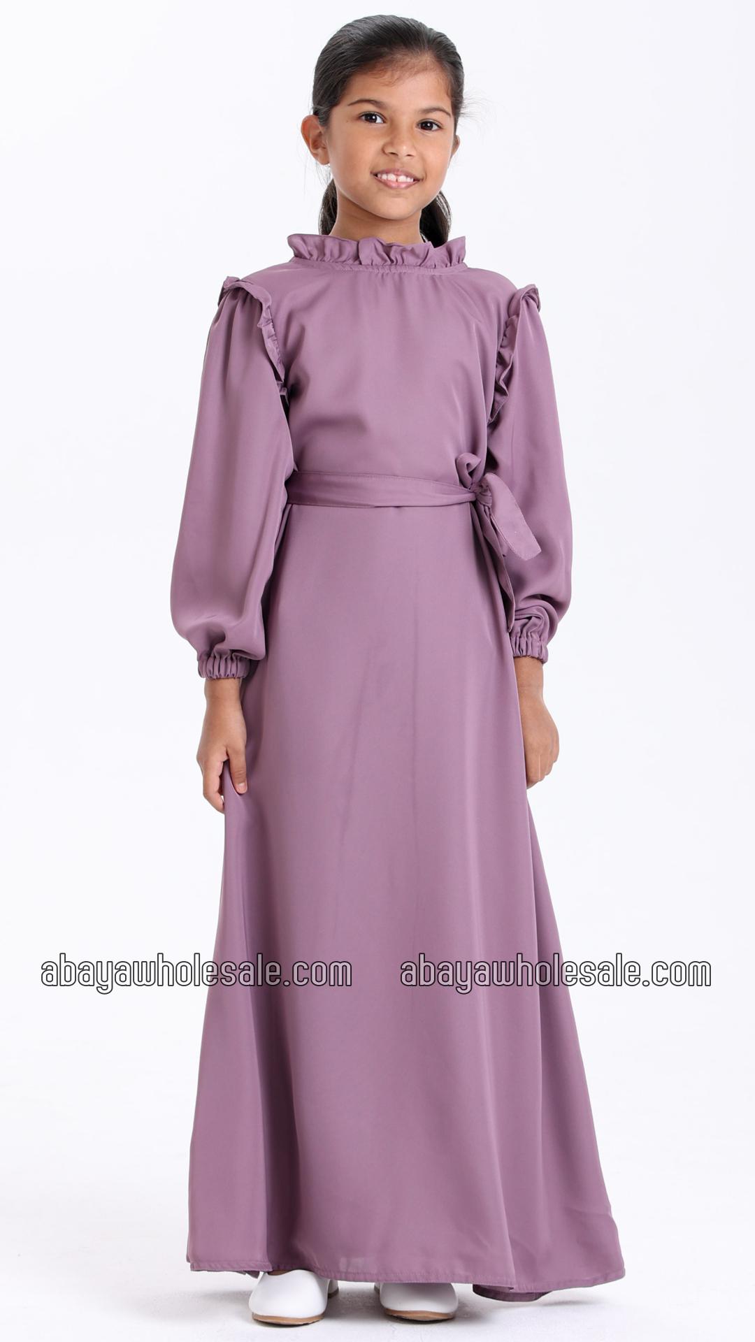 Wholesale High Neck Puff Sleeves Ruffled Kids Modest Dress In Purple