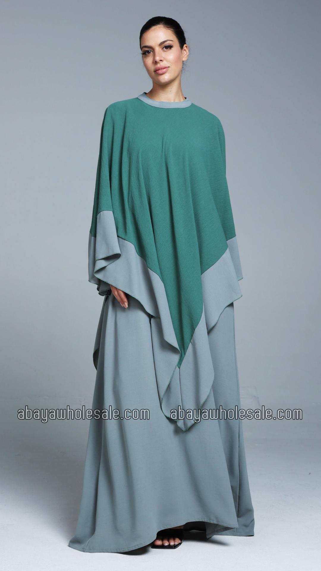 Wholesale Ezra Two Piece Cape Abaya In Chrome Grey and Teal 