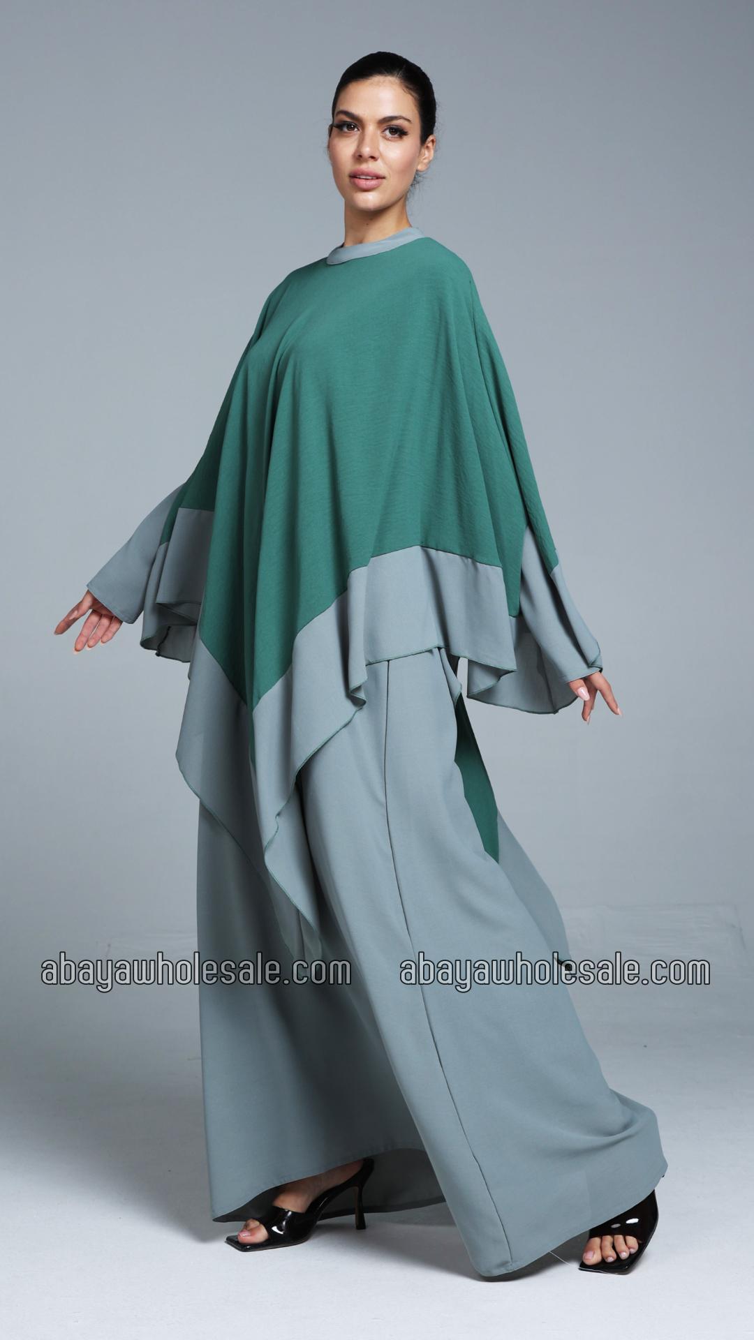 Wholesale Ezra Two Piece Cape Abaya In Chrome Grey and Teal 