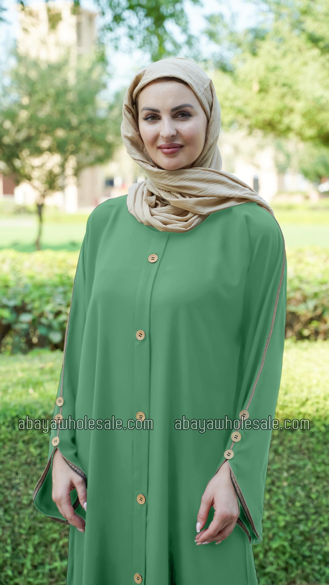 Wholesale CEY Abaya With Beige Piping And Show Buttons on the Front And Sleeves In Mint