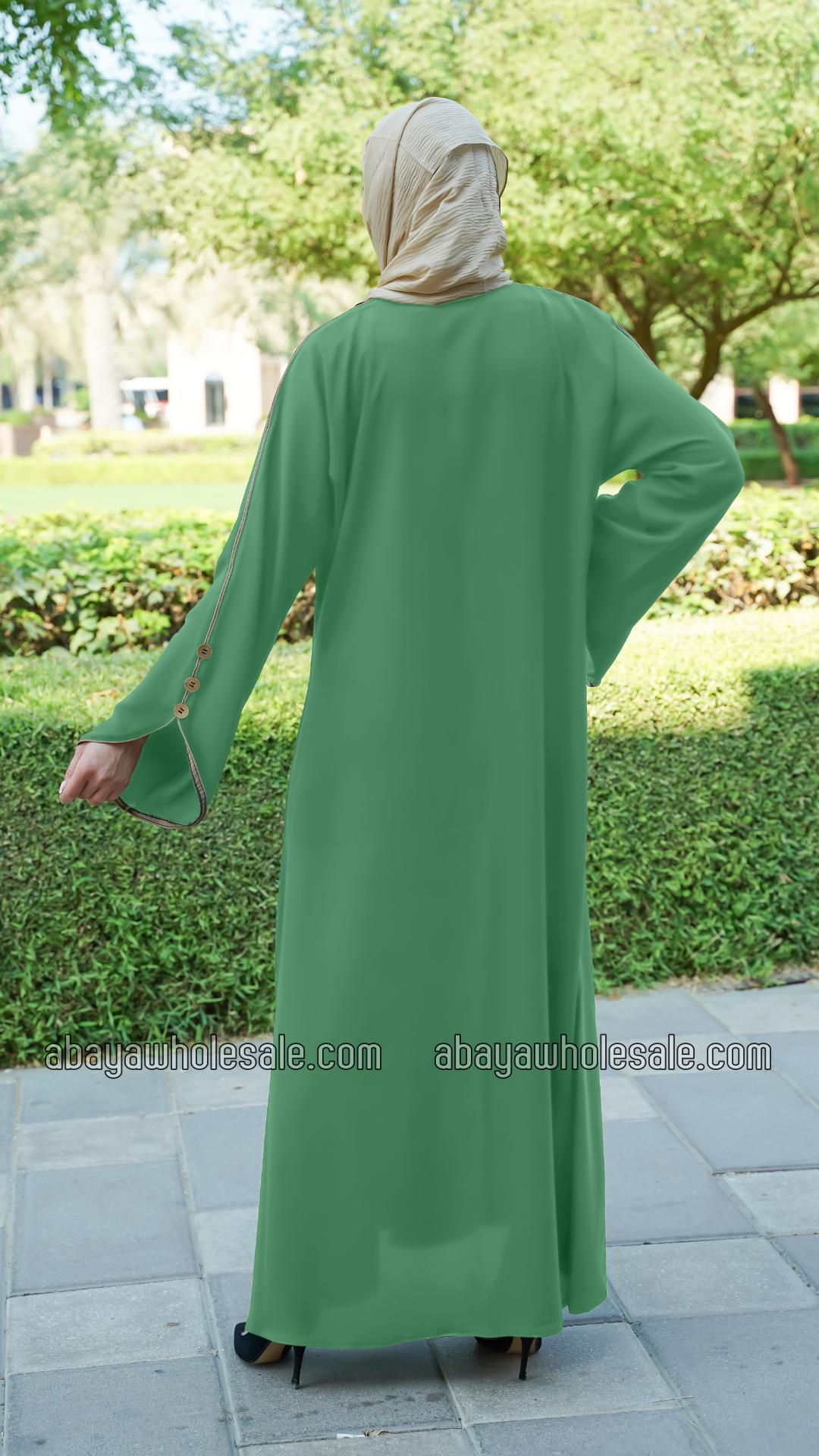 Wholesale CEY Abaya With Beige Piping And Show Buttons on the Front And Sleeves In Mint
