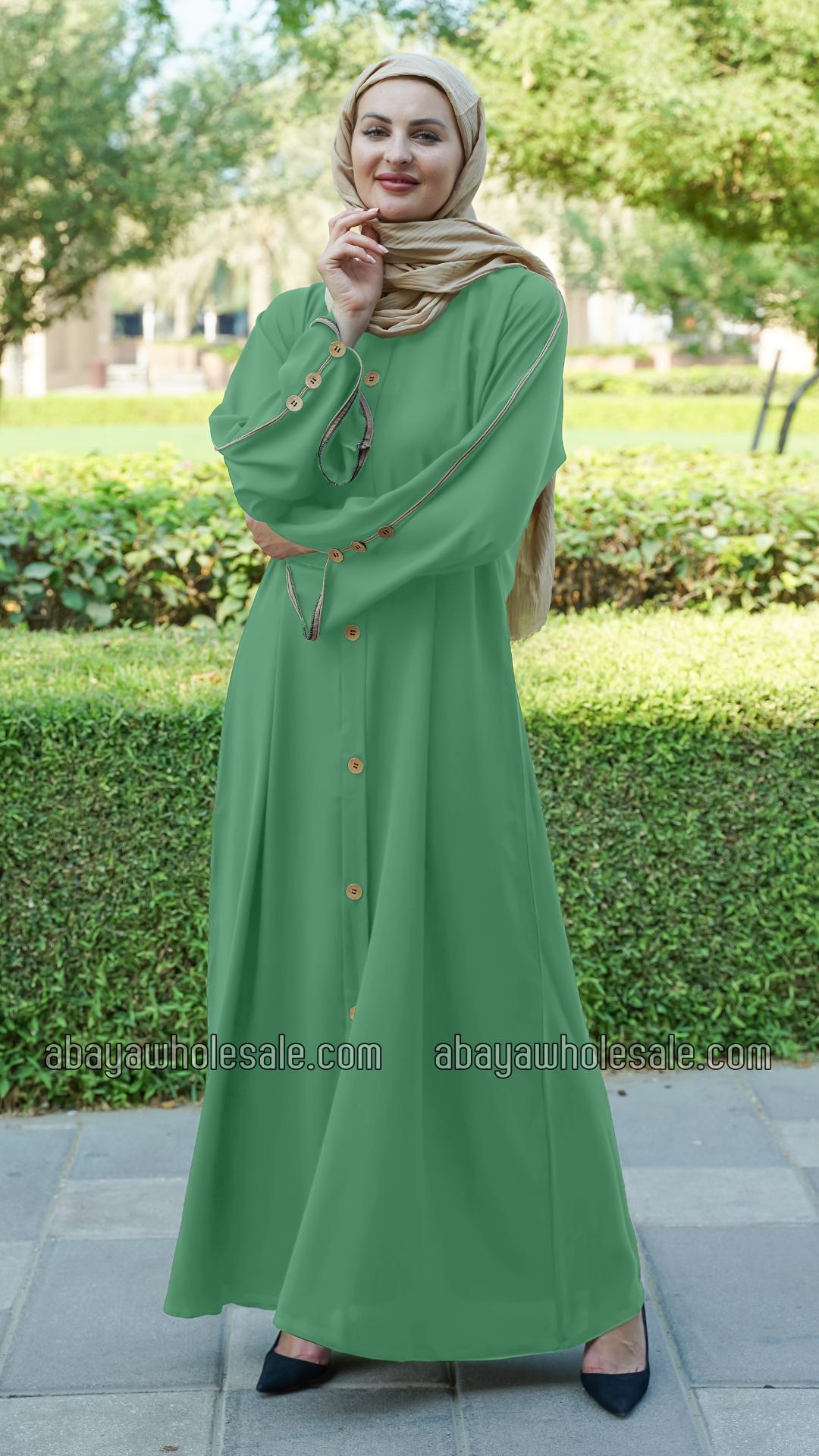 Wholesale CEY Abaya With Beige Piping And Show Buttons on the Front And Sleeves In Mint
