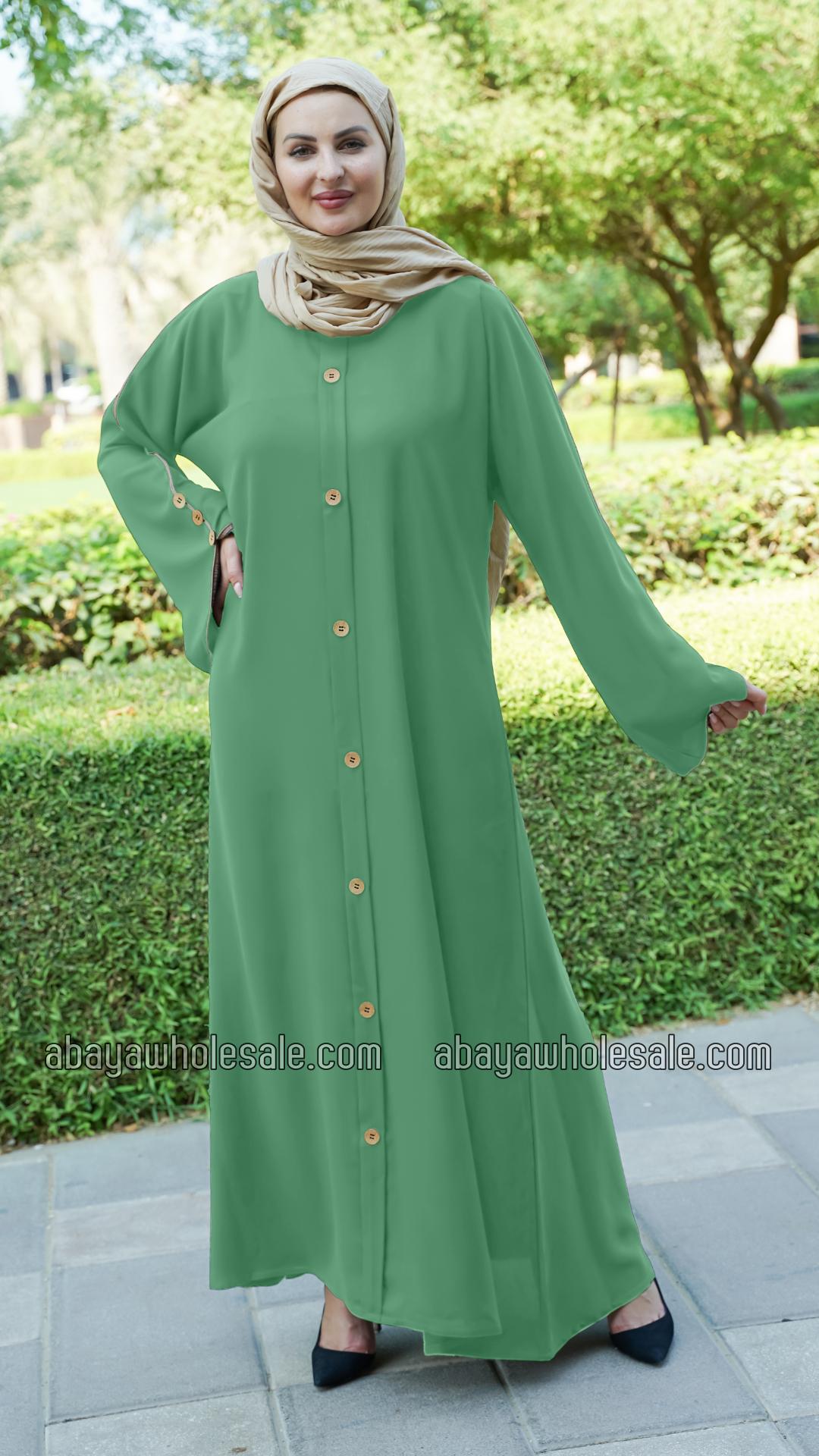 Wholesale CEY Abaya With Beige Piping And Show Buttons on the Front And Sleeves In Mint