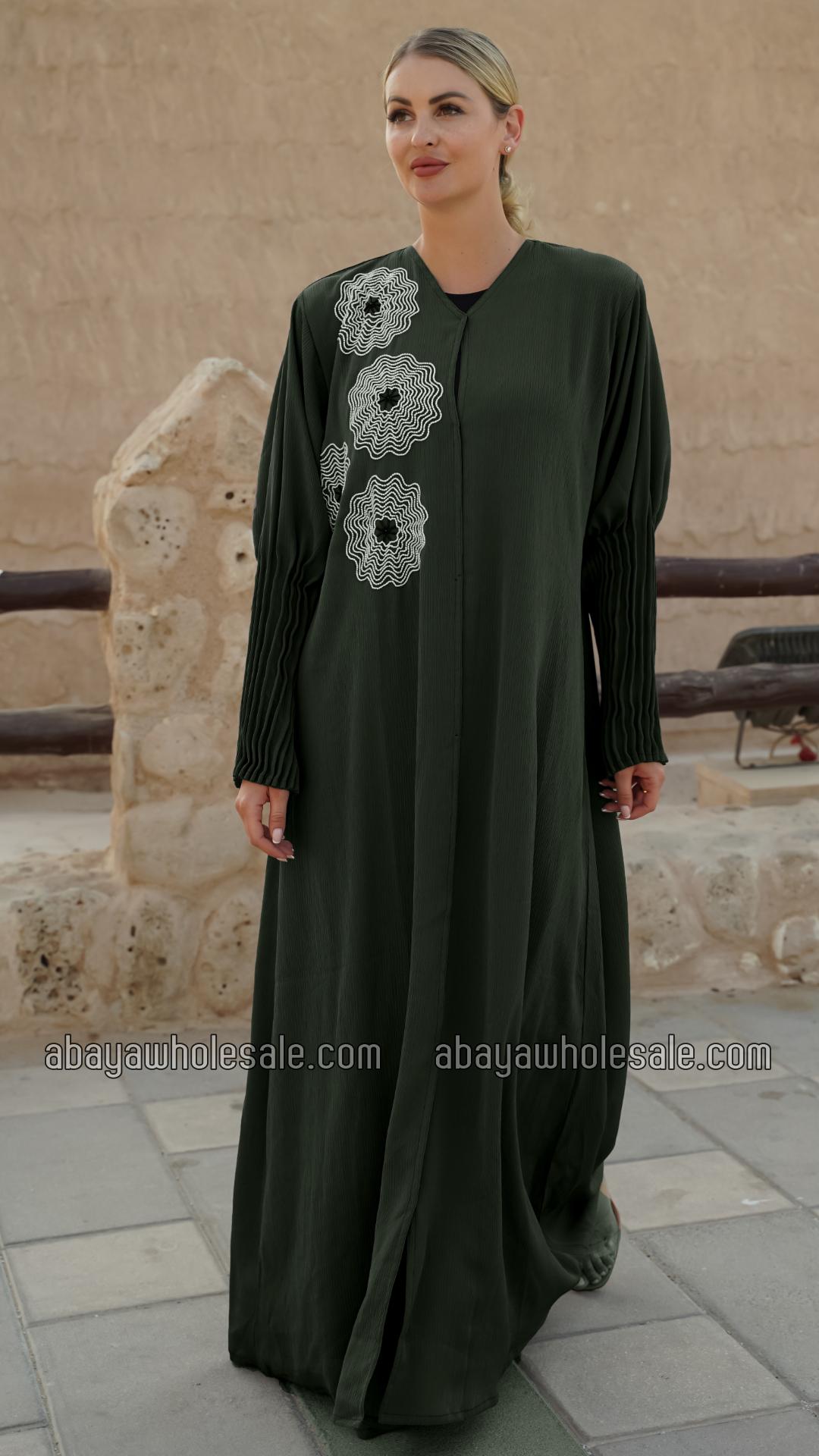 Wholesale Zoom Simple Front Open Abaya with Crystal Hand Work and Pleat Work on the Sleeves in Olive