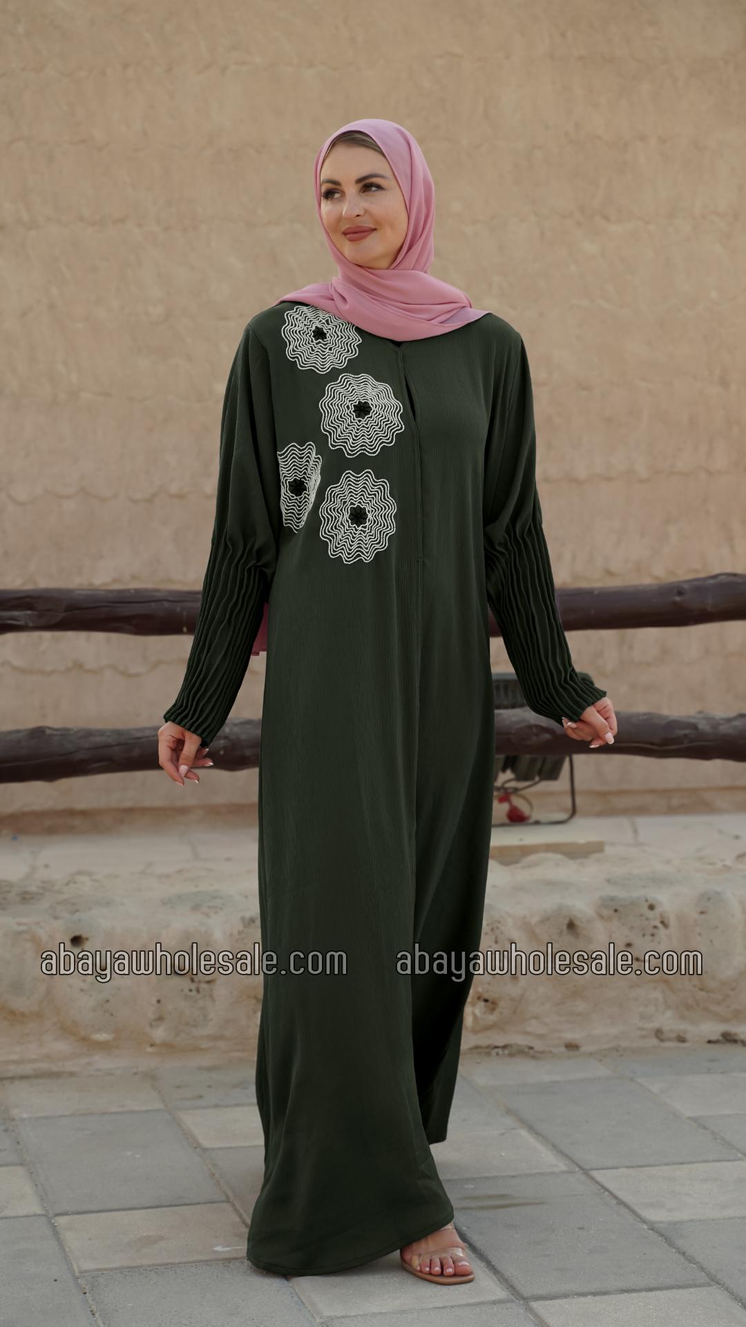 Wholesale Zoom Simple Front Open Abaya with Crystal Hand Work and Pleat Work on the Sleeves in Olive