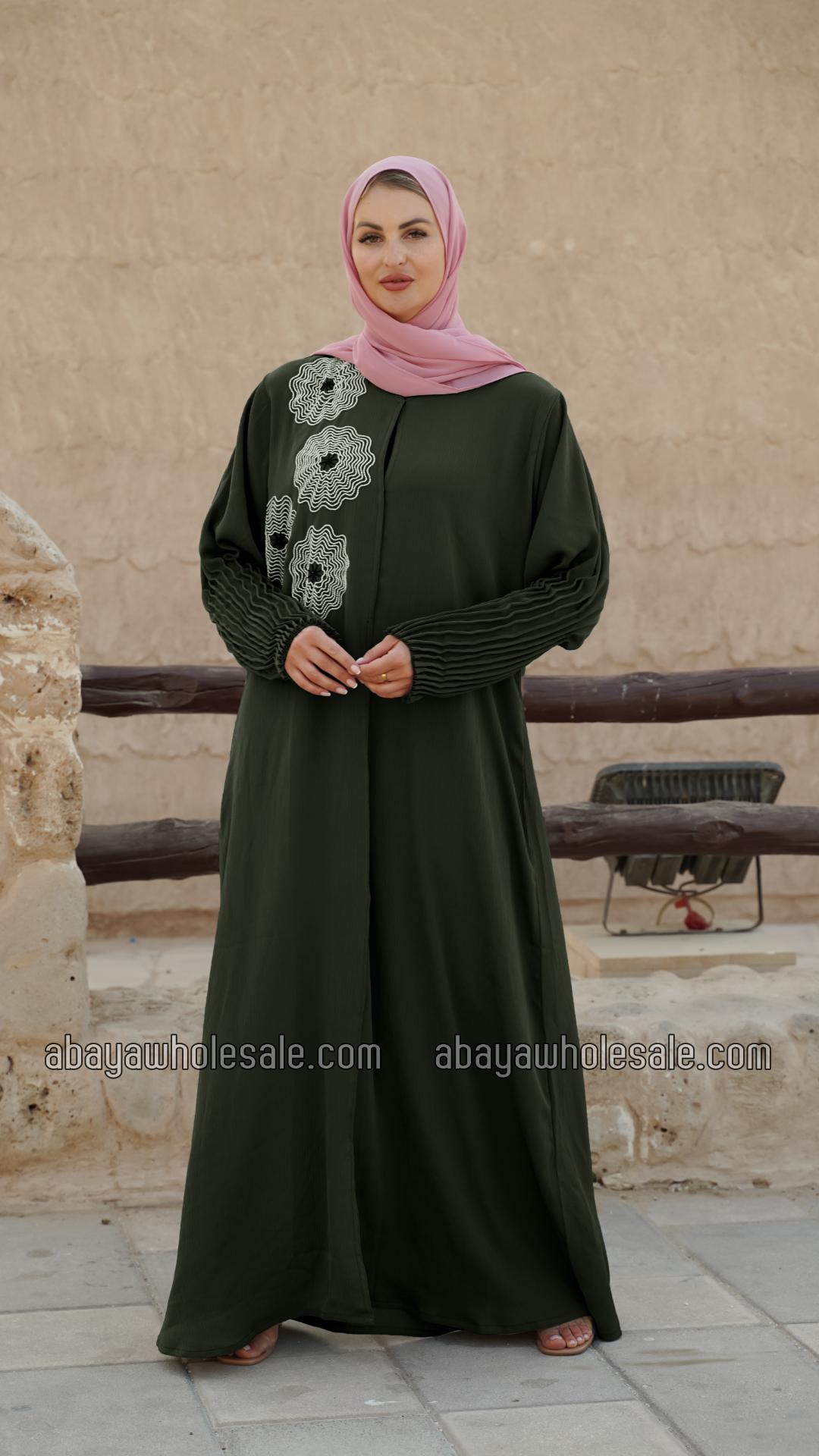 Wholesale Zoom Simple Front Open Abaya with Crystal Hand Work and Pleat Work on the Sleeves in Olive