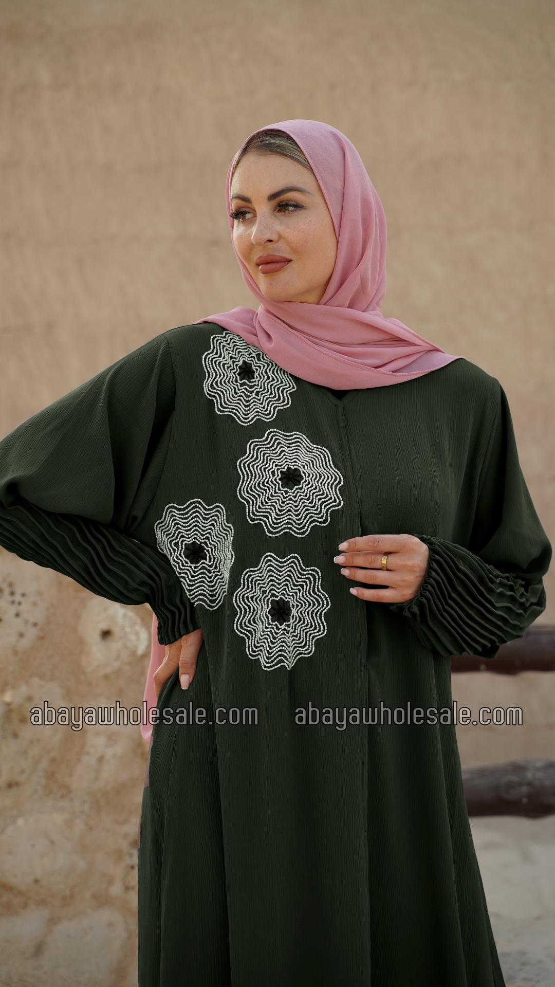 Wholesale Zoom Simple Front Open Abaya with Crystal Hand Work and Pleat Work on the Sleeves in Olive