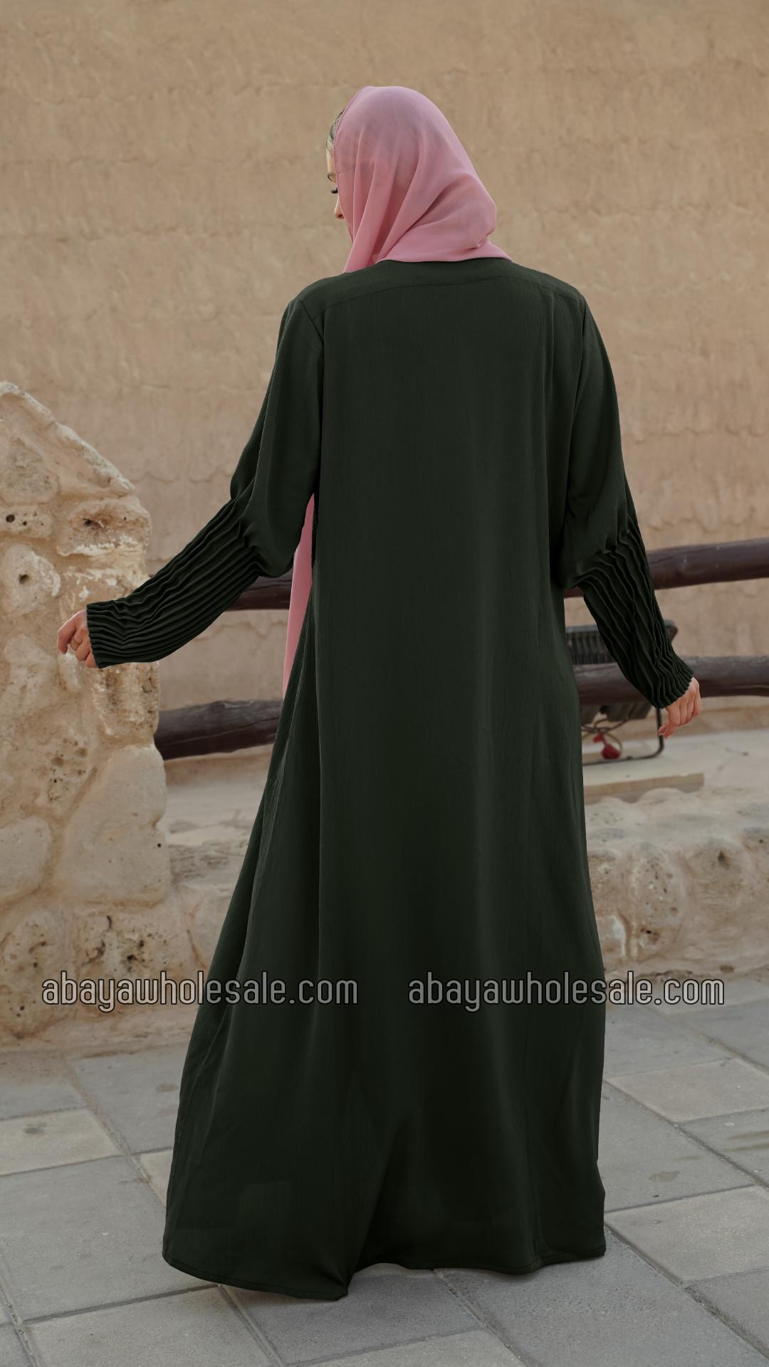 Wholesale Zoom Simple Front Open Abaya with Crystal Hand Work and Pleat Work on the Sleeves in Olive