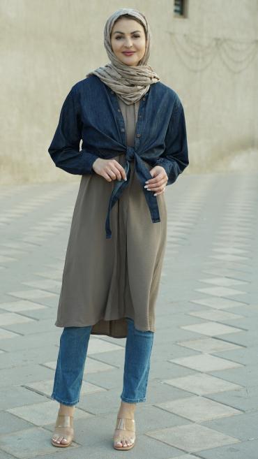 CEY Brown Kurti with a Dark Blue Denim